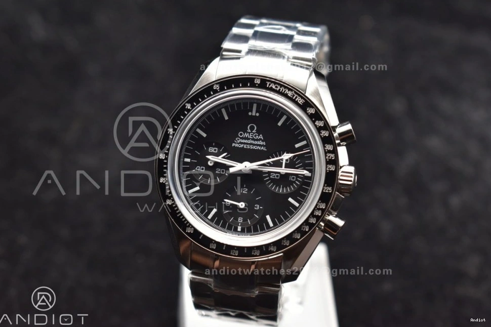 OMF on Manual Sapphire SS Transparent Winding Black with SS MoonWatch Movement Dial Chrono Speedmaster Bracelet Back Crystal 0401